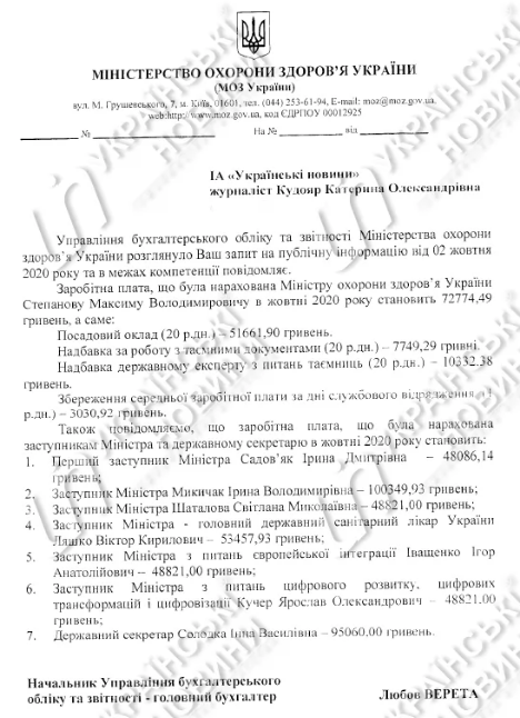 Заместитель Министра Здравоохранения получила зарплату  в 100 000 гривен